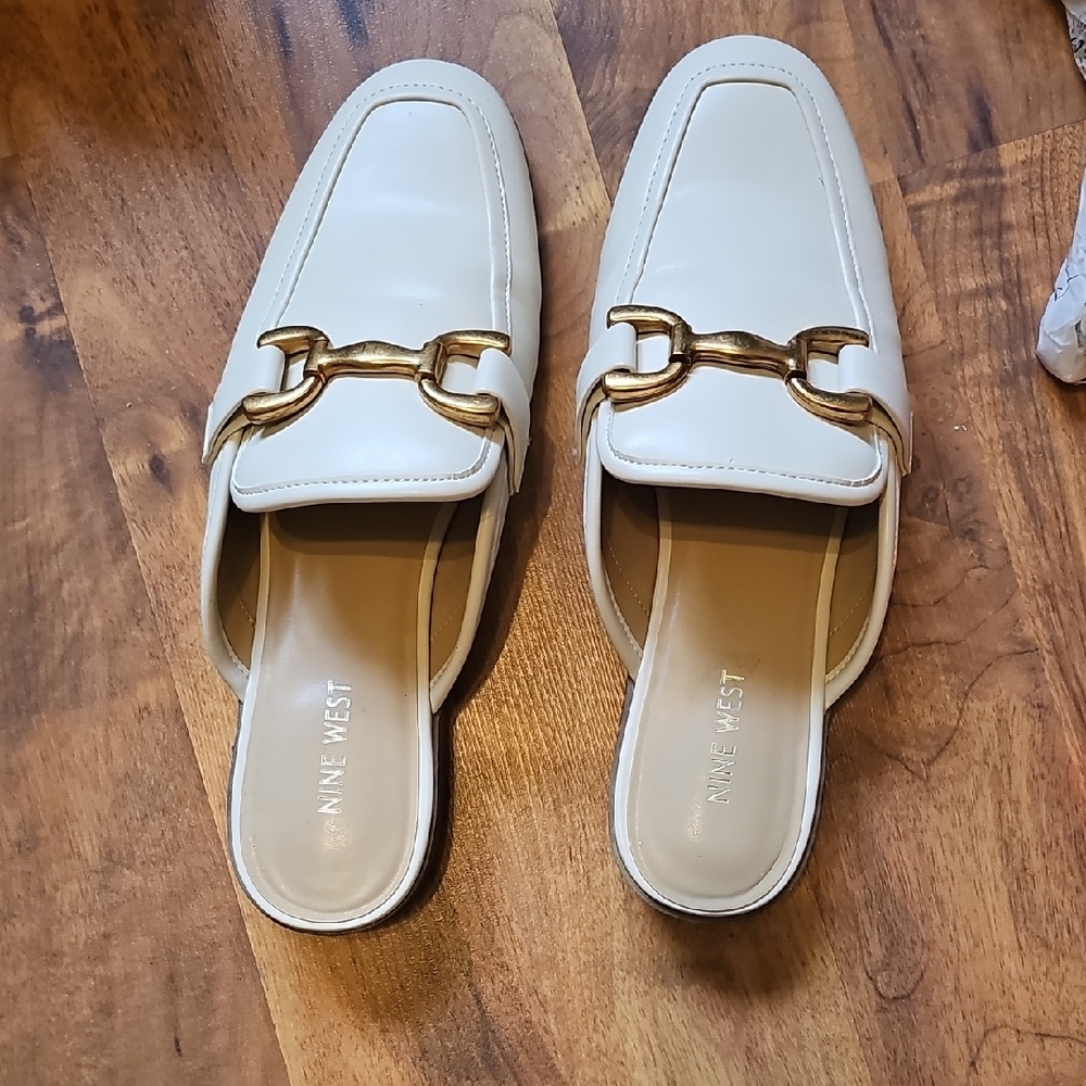 Nine West Cream Mules with Gold Accent